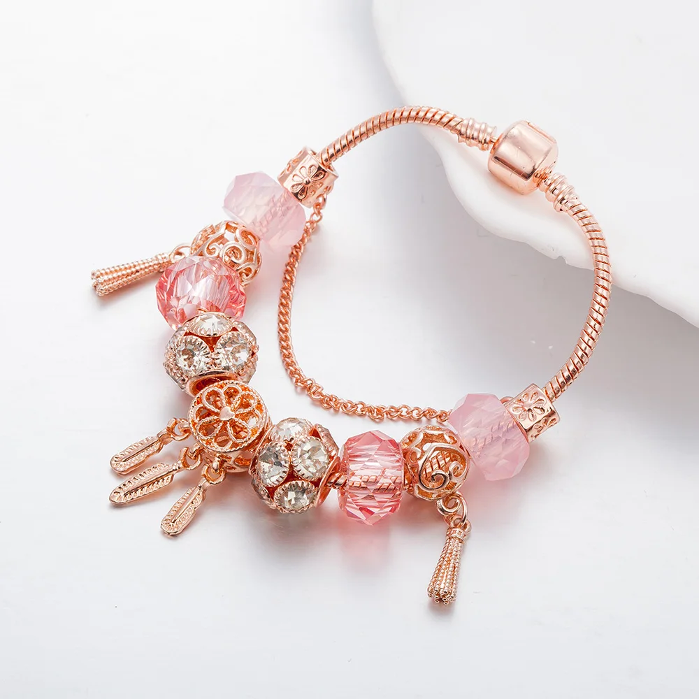 ANNAPAER New Design Abalorio Gold Plated Cute Pink Ball Dreamcatcher Beaded Bracelet Jewelry Special Gift For Mujer Feminina