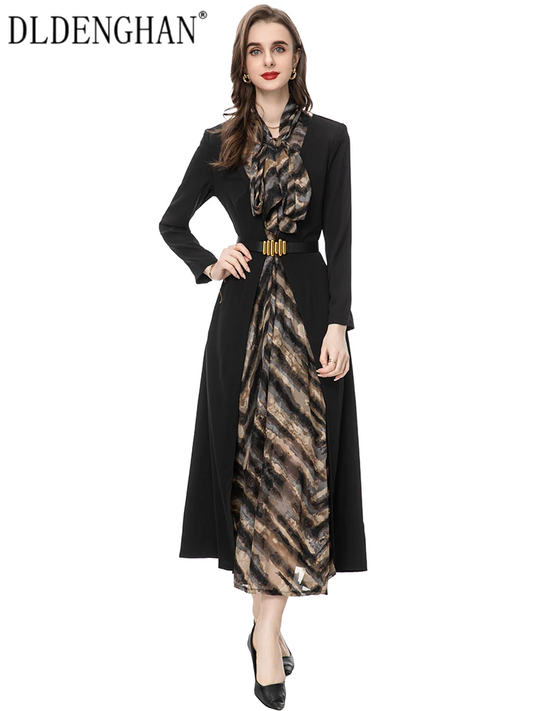 

DLDENGHAN Spring Striped Print Dress Women Lace-up Collar Long Sleeve Single Breasted Sashes Office Lady Dress Fashion New