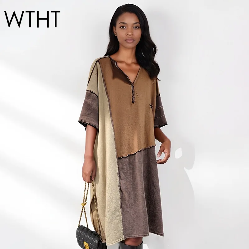 

Новое модное женское платье WTHT с асимметричным пэчворком и разрезом, весна 2026, трендовое, с отложным воротником, короткое, без рукавов, модель 1LS2864