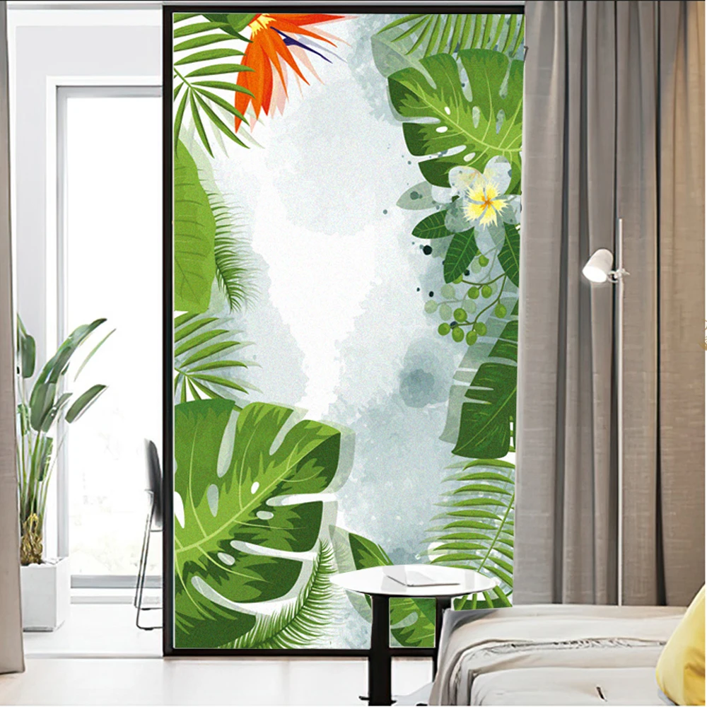 Window Film Privacy Frosted Glass Sticker Heat Insulation and Sunscreen Green Plants Decoration Adhesive sticker for Home