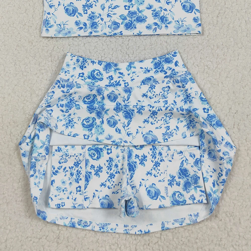 女の赤ちゃんブルーフラワープリントベストトップショーツセットノースリーブヨガアクティビティ衣装子供用夏服