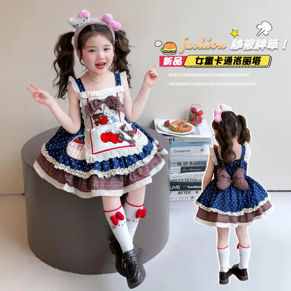 

Летнее платье принцессы Sanrio Hello Kitty для девочек, новинка 2026 года, детское платье с мультяшной вышивкой, платье-тортик для маленьких девочек, подарок, кавайное платье