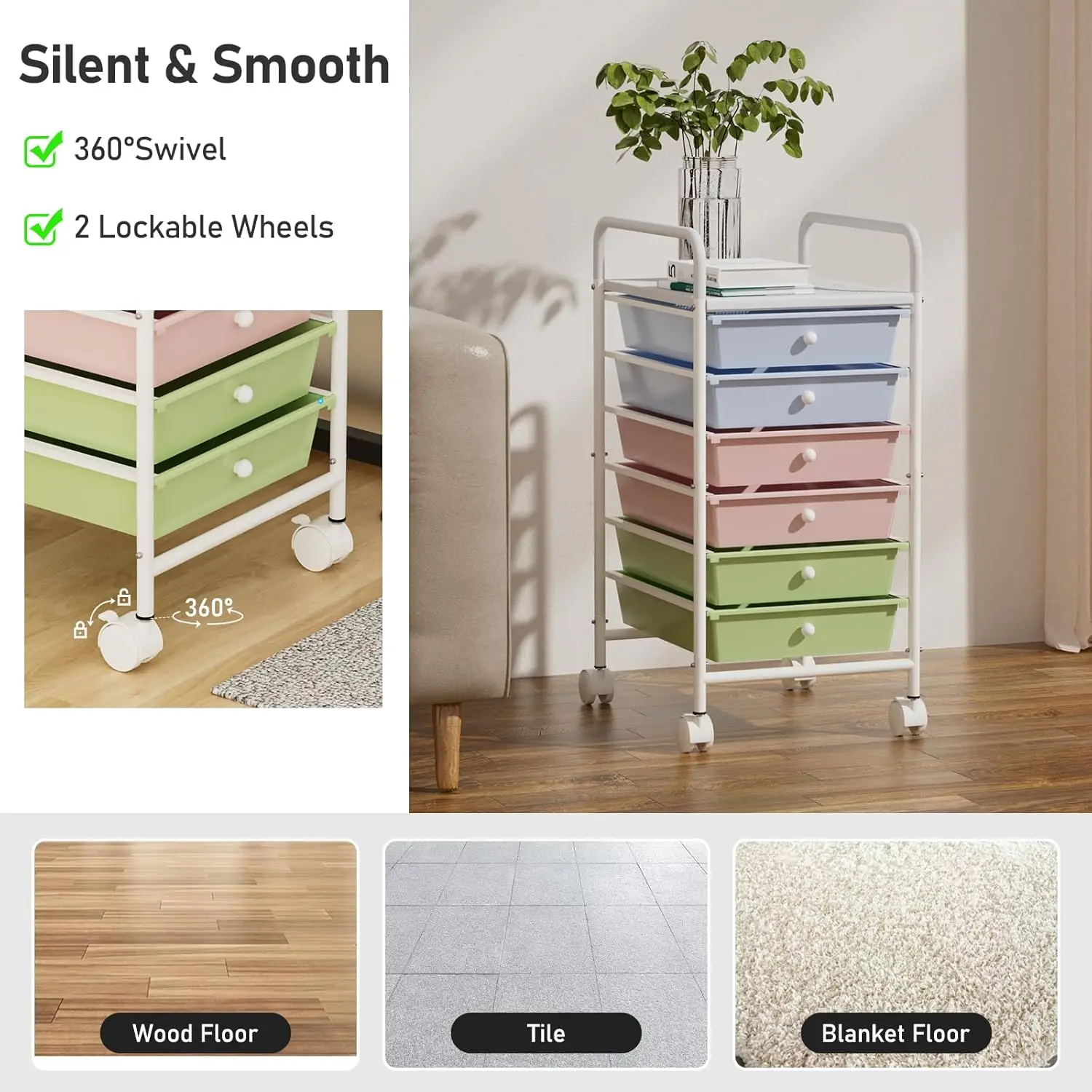 6-Tier Utility Cart with 6 Drawers, Rolling Utility Cart with 2 Lockable Caster Wheels, Multipurpose Mobile Rolling Drawer Cart