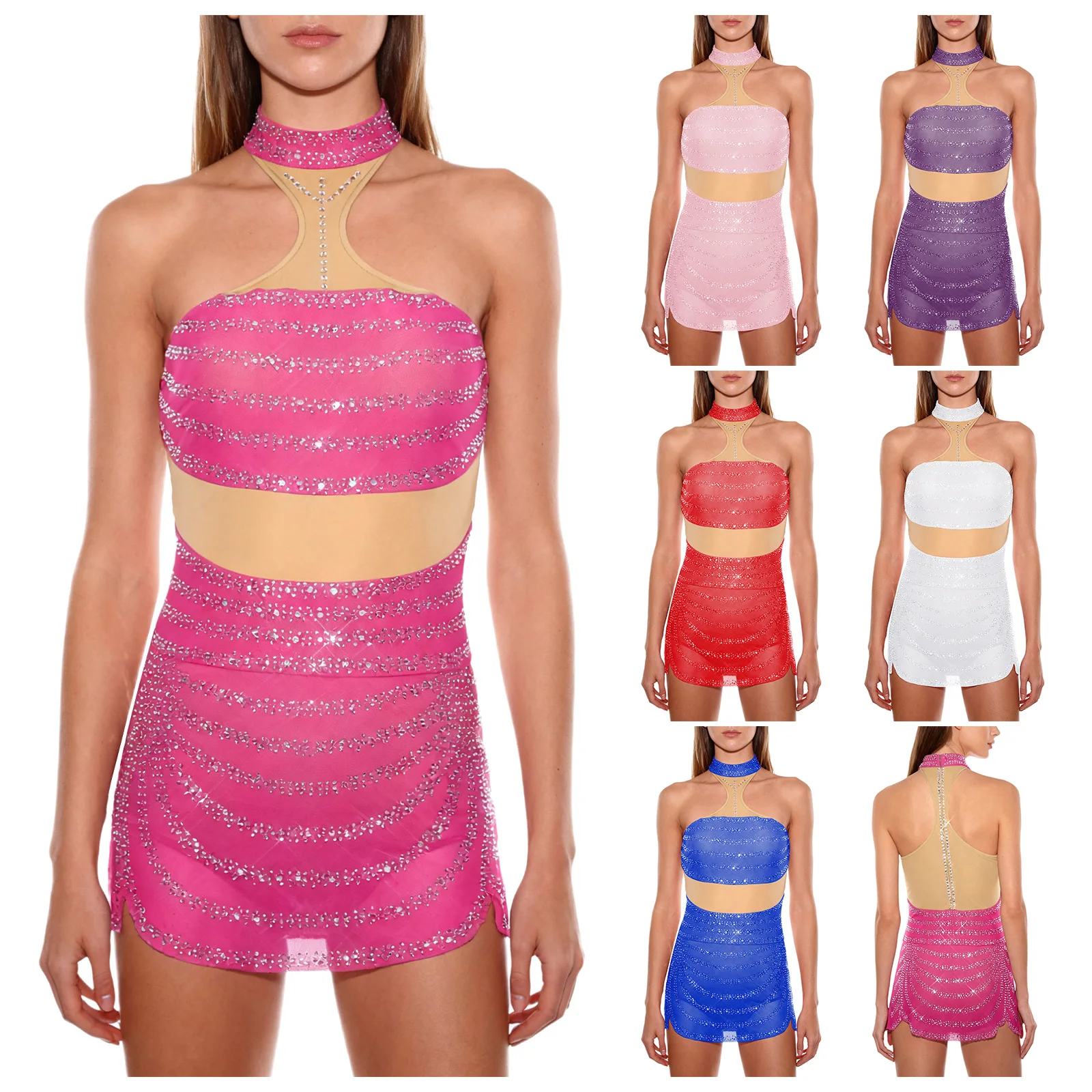 女性フィギュアアイススケートダンスドレスラインストーンホルターネックノースリーブレオタードモダンラテンチャチャルンバダンスパフォーマンス衣装