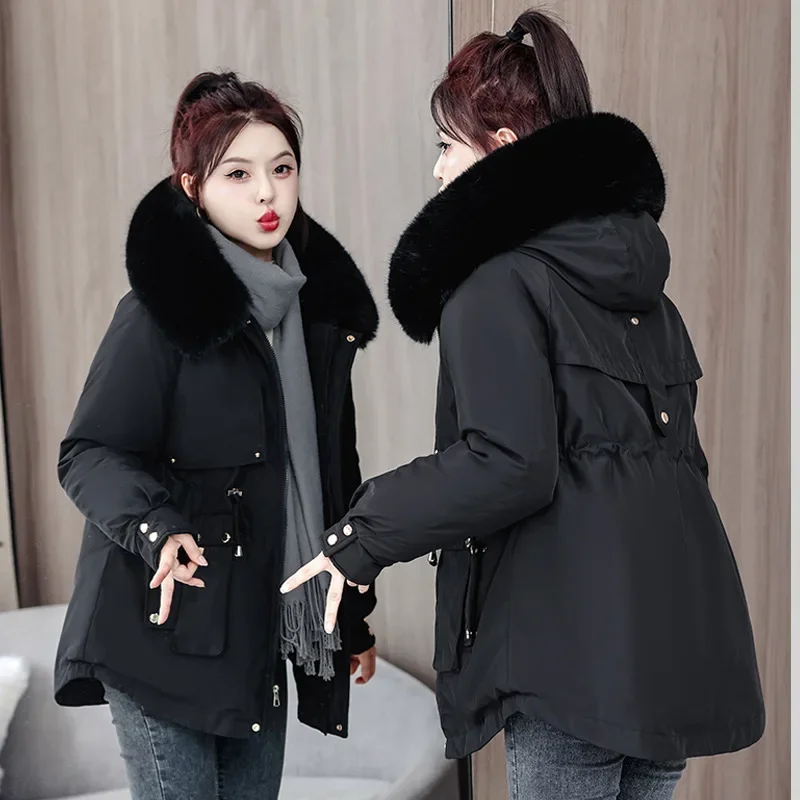 Winter Warm Fur Collar Hooded Women Parka Fashion Comfortable Zipper Pockets Design Long Jacket Elegant Slim Thick Female Coats