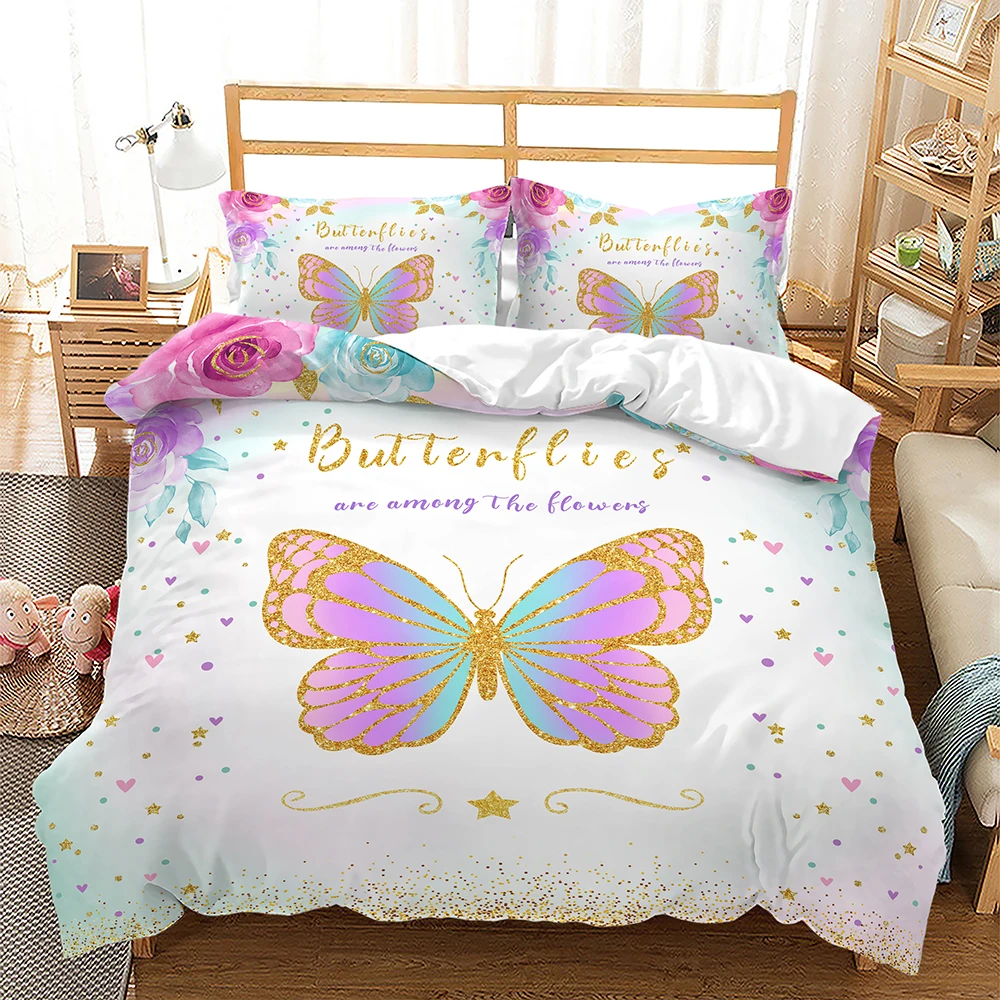 

3D Printed Butterfly Duvet Cover Colorful Wings Bedding Set Polyester Bedclothes with Pillowcases for Girls Woman Bedroom Decor