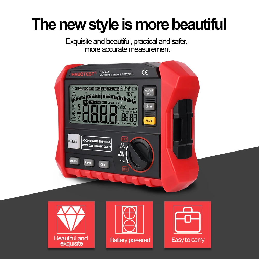 HABOTEST Earth Ground Resistance Tester HT2302 200V Digital Insulation Analog Display Detector 0-4K ohm 2/3Pole Multimeter