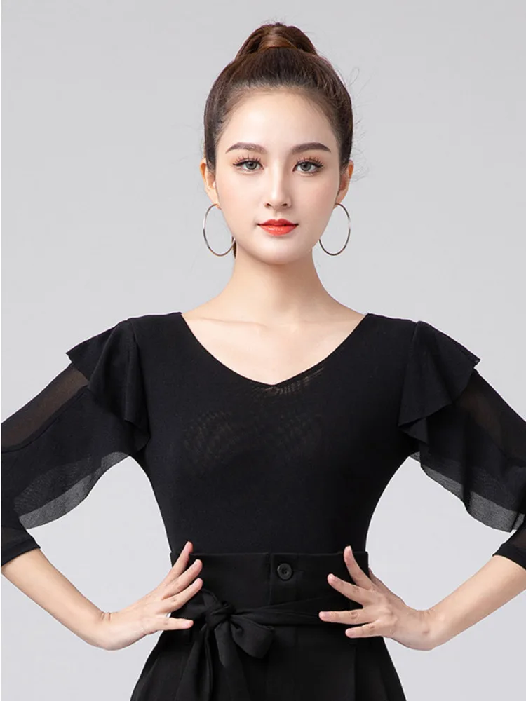 2023 Mesh Ballroom Tango Latin Tops Meisjes Elegante Latino Praktijk Dans Slijtage Vrouwen Effen Kleur Slim Fit Ruffle Tops Kleding