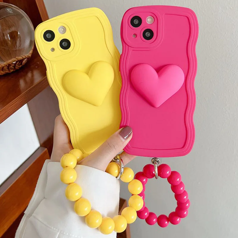 Heart Wrist Ring Chain Liquid Silicon Wave Phone Case For Samsung Galaxy Note 20 S24 S23 S22 S21 S20 FE Ultra Plus 5G Soft Cover