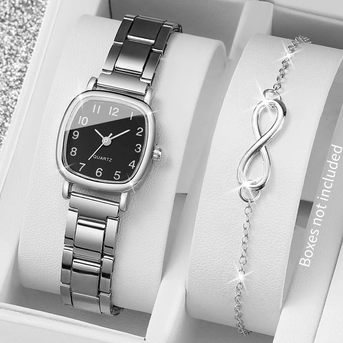 2PCS Fashion Square Women Watches Heart Bracelet Set Ladies Alloy Strap Quartz Wristwatch Reloj Mujer (Without Box)