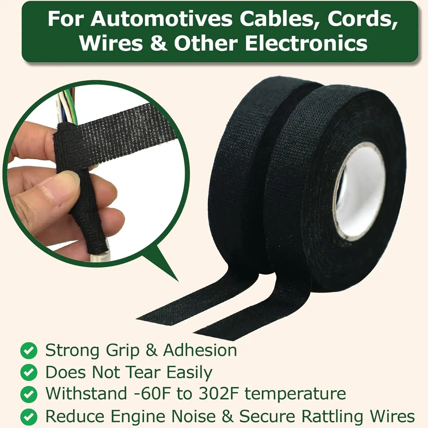 Automotive Grade Heat Resistant Tape Fabric Wire Loom Harness 500F Cable Wrapping for PC Bundling Engine Bay Safe