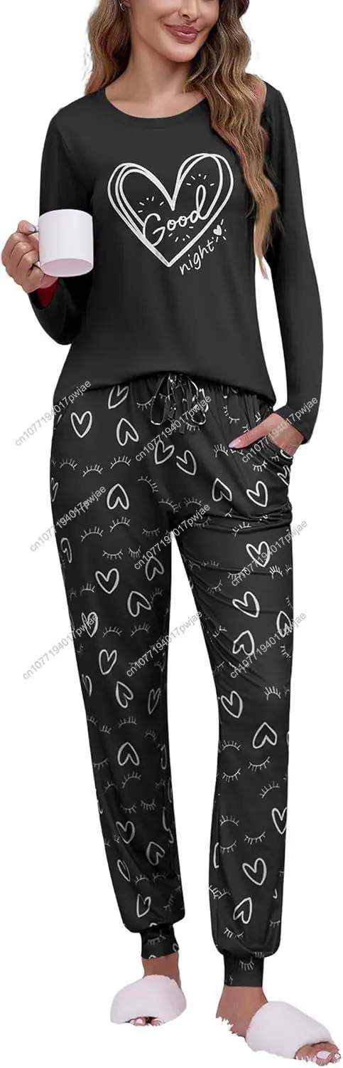 Sykooria Pajama Sets for Women 2 Piece Sleepwear Pj Set Long Sleeve Top & Cute Print Jogger Pants with Pockets