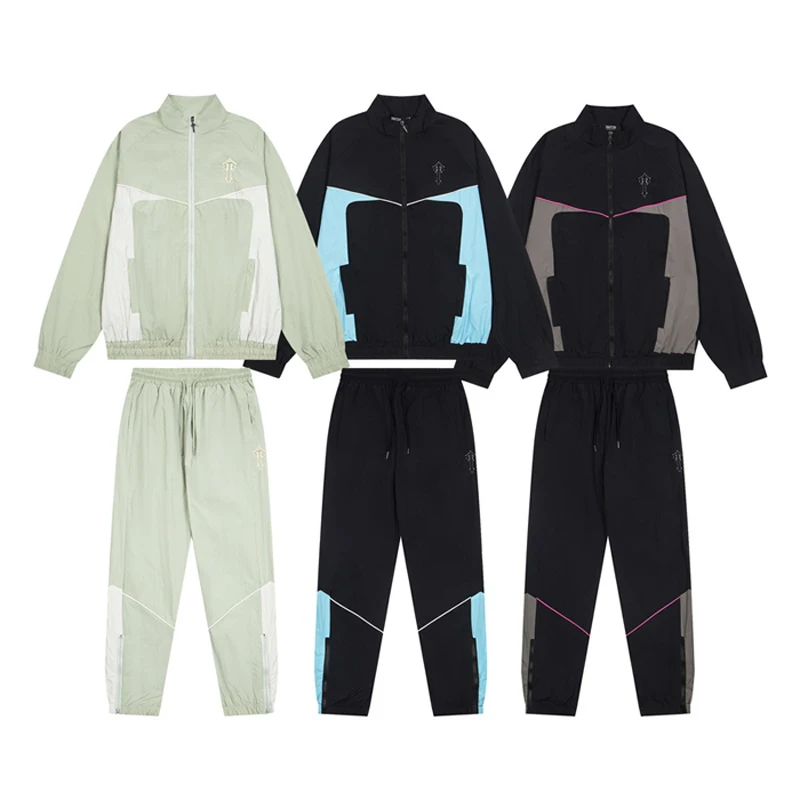 

American Streetwear Embroidery Letter T Patchwork Color-blocking Jacket Coat, Long Pants Casual Loose Trench Coat Sport Pants