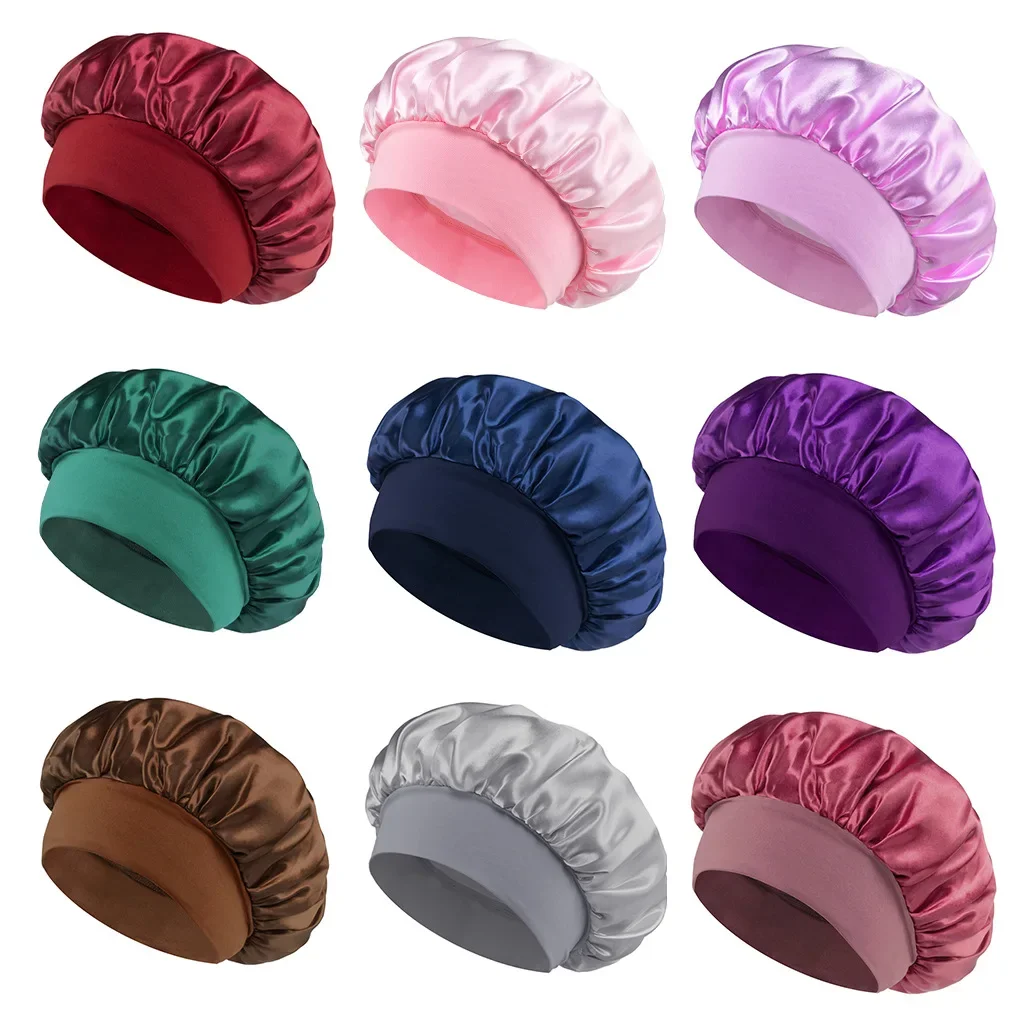 Topi tidur bertepi lebar bahan Satin elastis, 1 buah topi tidur Satin padat elastis untuk perawatan rambut, topi malam