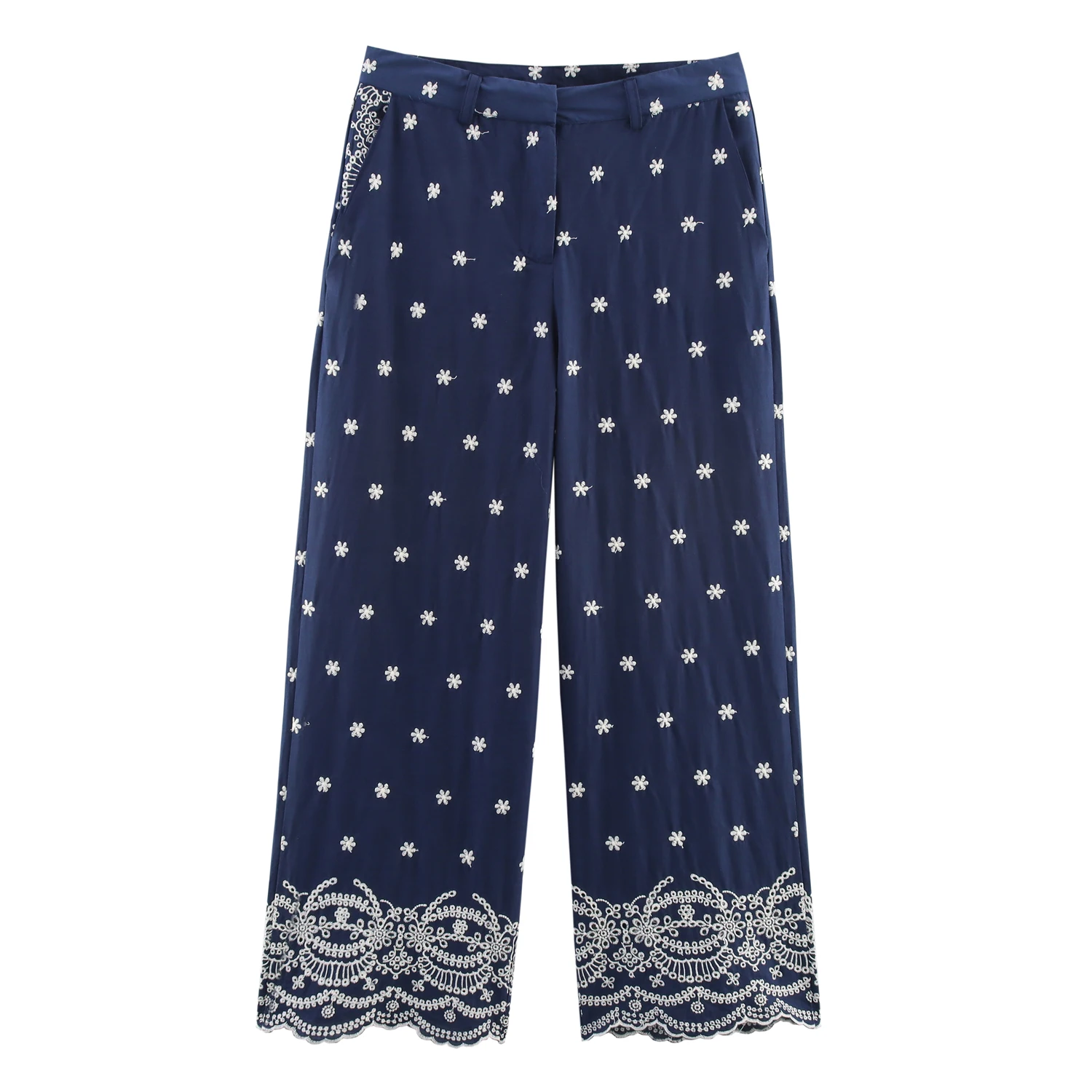 Nuovi prodotti estivi 2025 abbigliamento femminile moda pantaloni casual a gamba larga a vita alta ricamati in stile europeo e americano