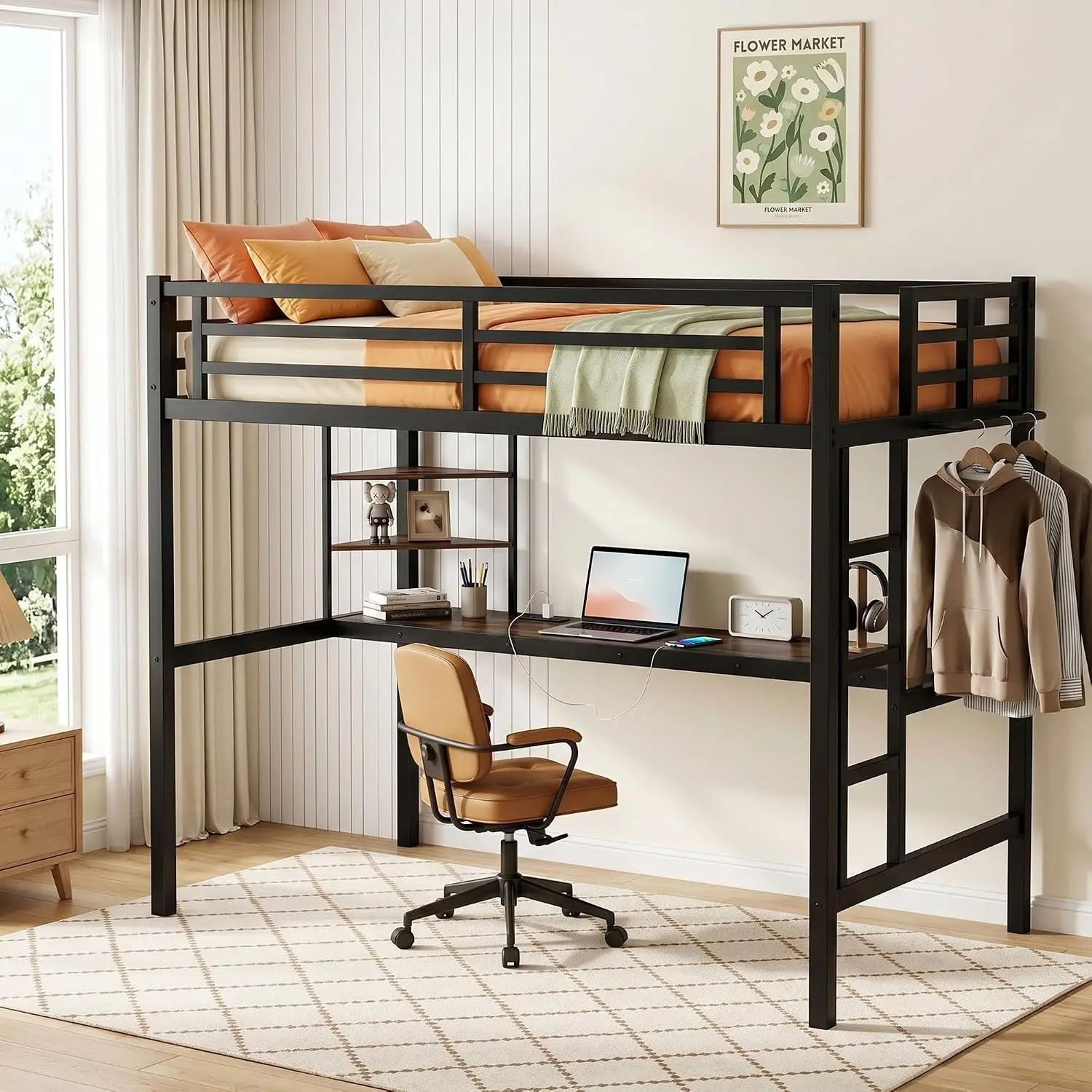 Twin XL Loft Bed with Desk & Charging Station, Metal Frame with Ladder, 350 lbs Capacity, Space Saving for Kids Teens Adults