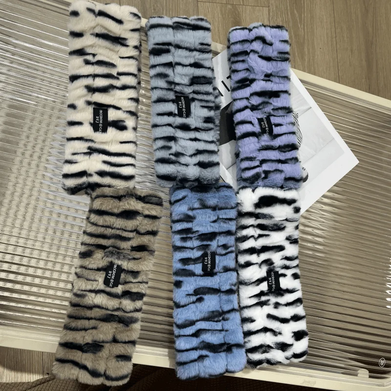

Autumn Winter Plush Headband Wide Edge Letter Labels Color Blocking Elastic Design Non Slip for Women Wash Face Hair Accessories