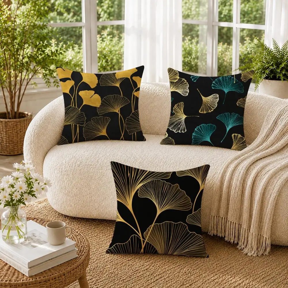 Luxury Ginkgo Leaf Decor Cushion Cover Pillow Case Organic Short Plush Cushion Covers Breathable Washable