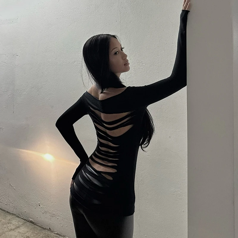 Fashionable Slim Fit Hollow out Back T-Shirt Women's Long Sleeve Crew Neck  Color Commute Style Polyester Ladies Top