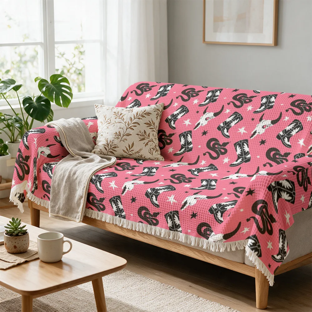 Aesthetic Bone Print Sofa Throw Blanket Boho Living Room Decor Cozy Knit Couch C