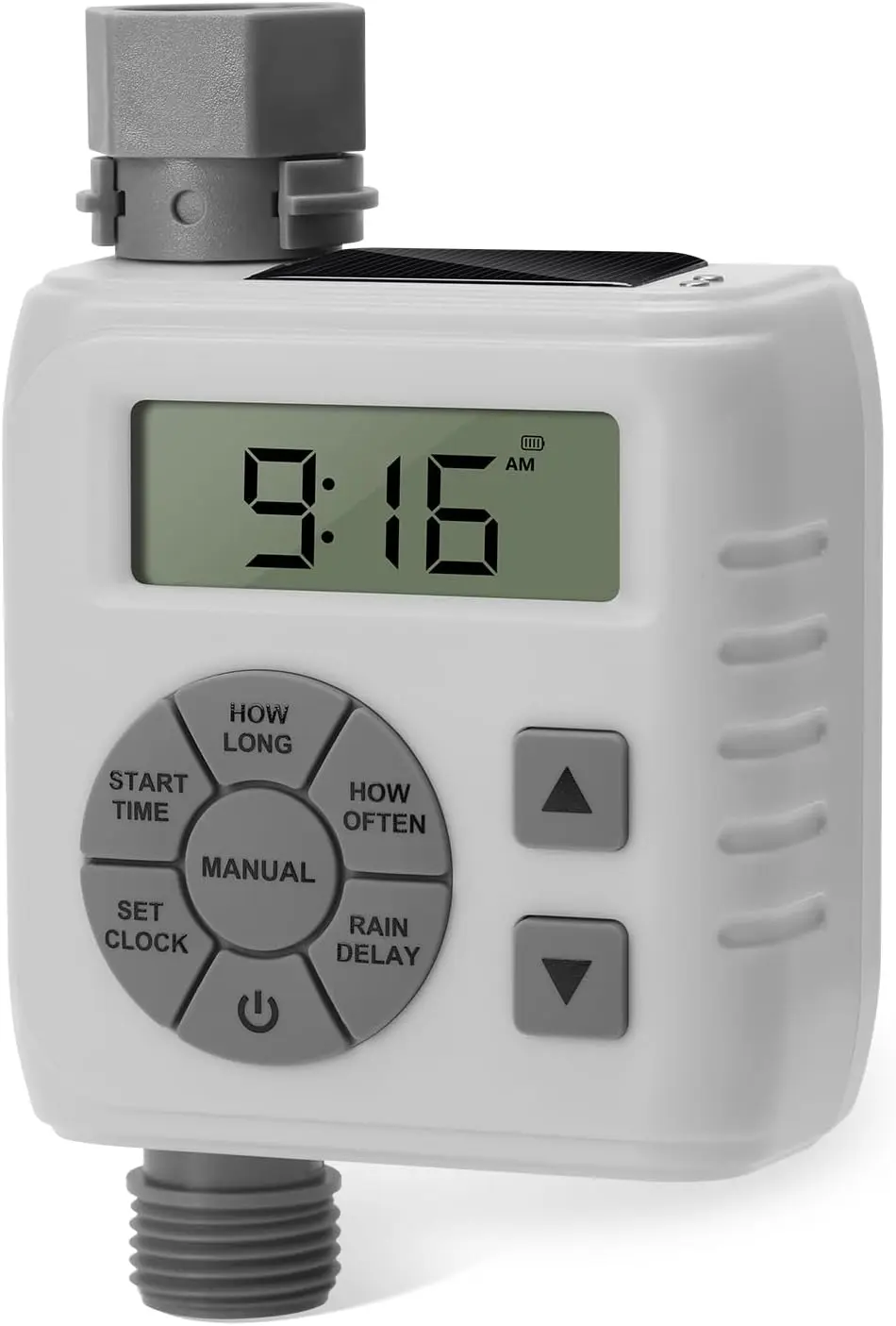 

Programmable Sprinkler Timer, Solar/Battery Dual Power, Rain Delay & Auto/Manual Mode, Leak-Proof, Gray