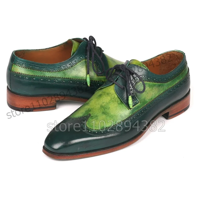 Green Square Toe Carving Design Men Derby Shoes Fashion Lace up Men Shoes Luxury Handmade Party Banquet Big Size Men Dress Shoes