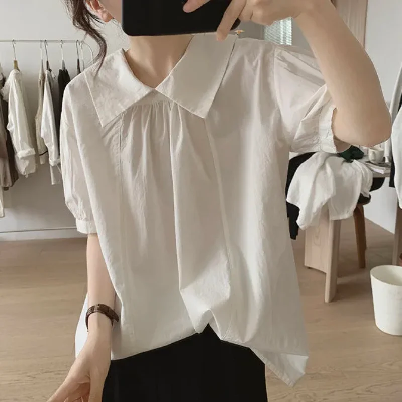 Baby Doll Collar Puff Sleeve Shirt Women's New Summer Loose Pullover Pleated Small Fresh Short-sleeved Top