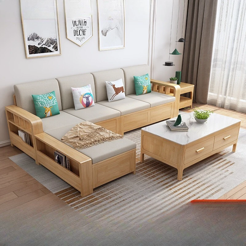 

Nordic solid wood sofa living room winter and summer dual-purpose corner log sofa, storage wooden cloth sofa princess combinatio