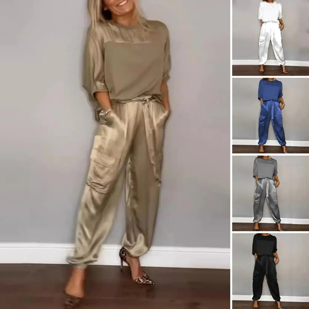 

Elegant Satin Two Piece Set Women Outfits Spring Summer Casual Solid O Neck Shirt Long Pants Tracksuit Fashion Female Loose Suit