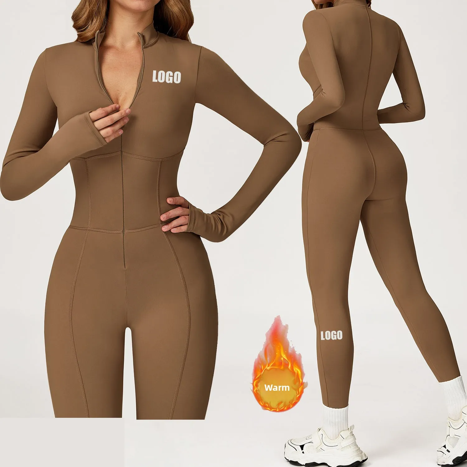 

Custom LOGO women's one-piece onesie stand-up collar zipper thermal long-sleeved onesie outdoor leisure sports fitness clothing
