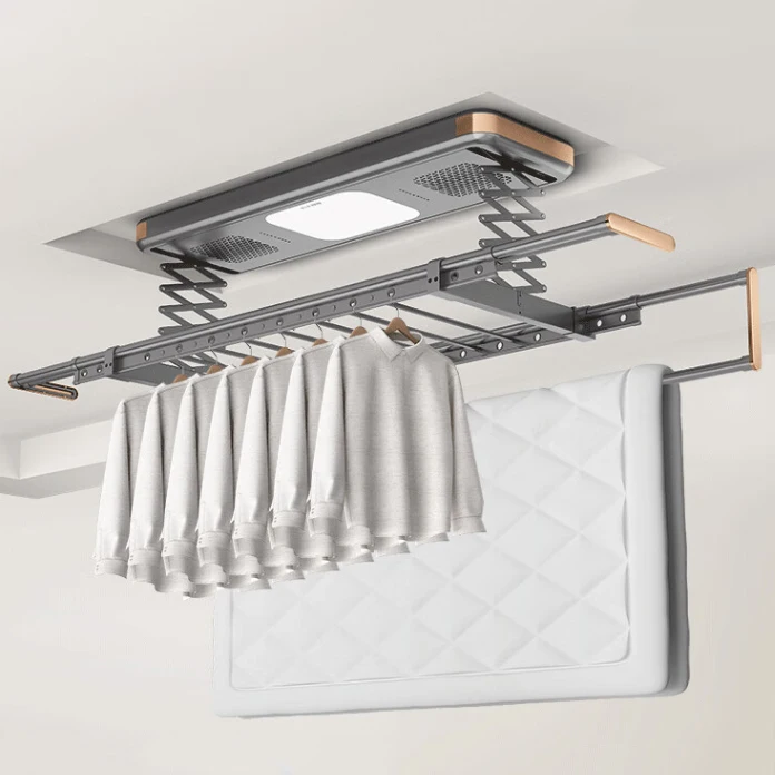 Multifunctional Foldable Electronic Clothes Drying Rack LED Lighting Heating Remote Control Premium Metallic Finish Adjustable