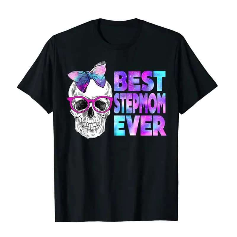 Best Stepmom Ever Skull Pink Bow Tie Galaxy Mother's Day T-Shirt Gifts Women's Fashion Graphic Tee Tops Short Sleeve Blouses