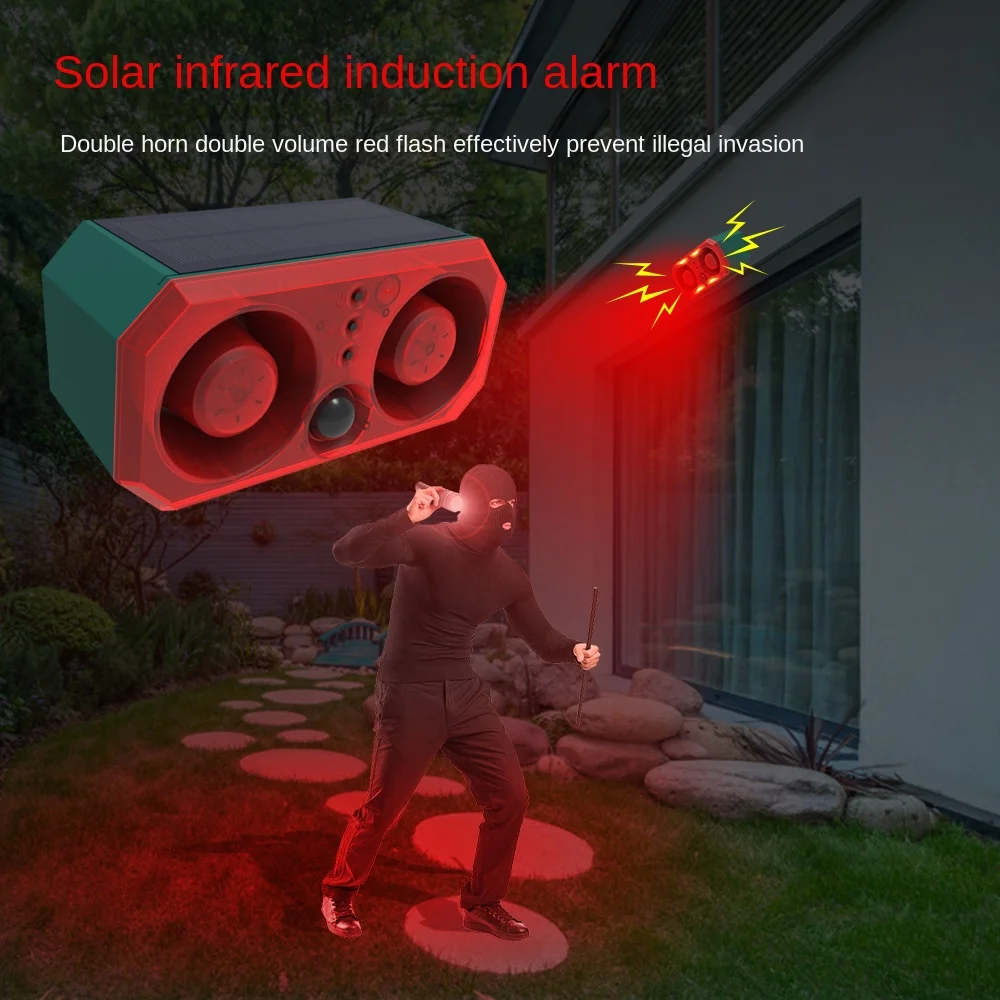 Solar alarm high power dual horn alarm light infrared induction flashing red and blue light animal repeller