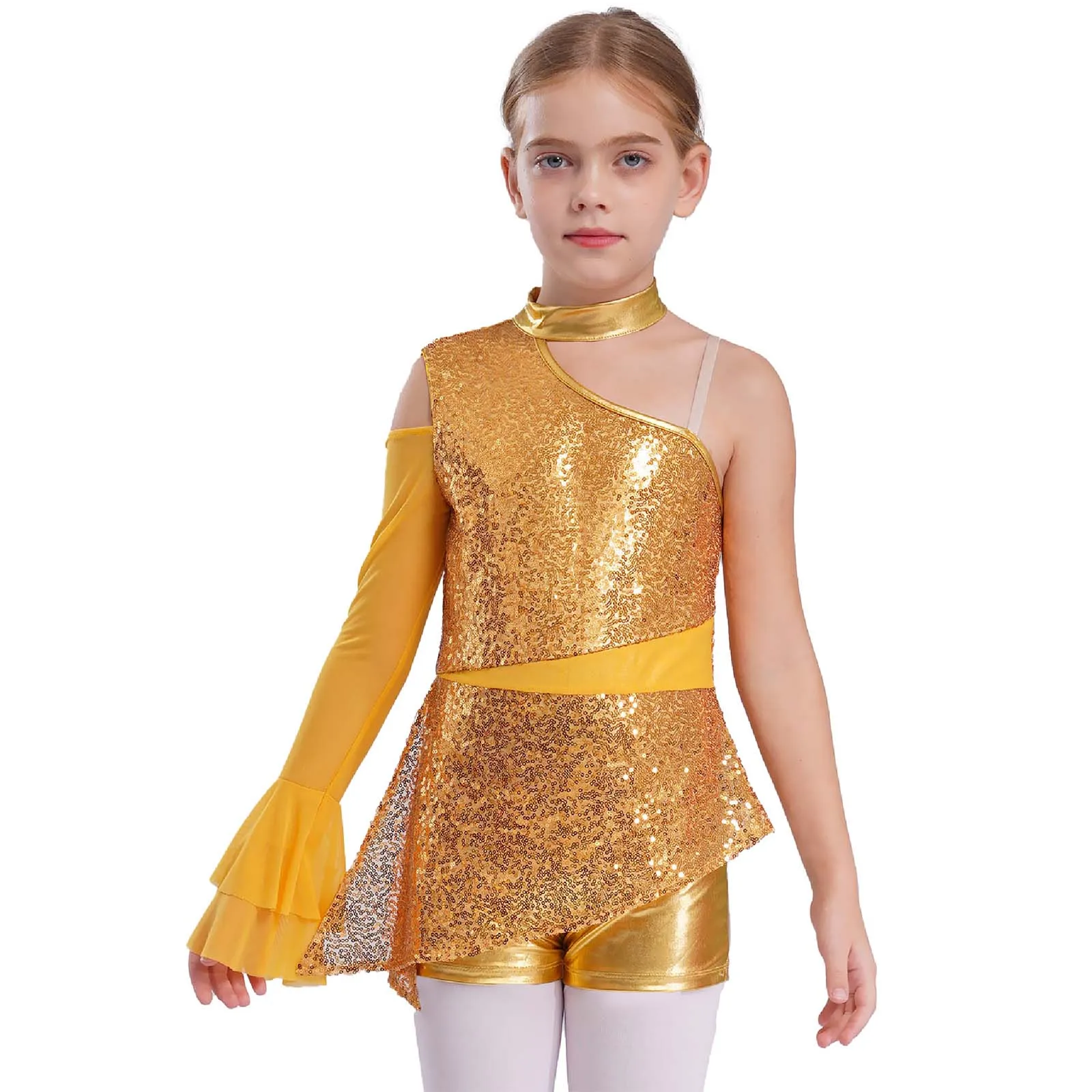 

Kids Girls Sequins Ballet Dance Leotard Performance Ballerina Costumes Asymmetric Shoulder Sheer Mesh Ruffled Sleeves Bodysuit