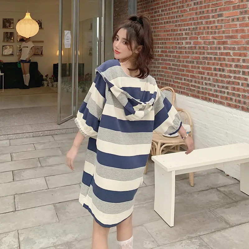 Fat Mm Loose Seven Quarter Sleeve Patchwork Fake Two-piece Dress for Women in Extra Large Size 300 Pounds Hooded Mid Length