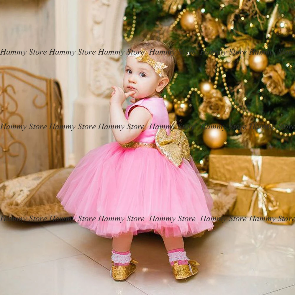 Yipeisha Little Girl Party Dresses for Birthday Cute Pink Round Neck Gold Bow Tutu Gown Puff Wedding Flower  Dress