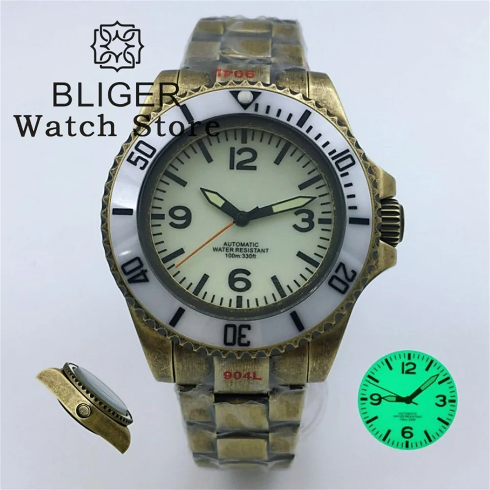BLIGER-reloj mecánico de buceo japonés NH35A, cronógrafo de bronce de 43mm, movimiento crema, blanco y negro, esfera luminosa, resistente al agua