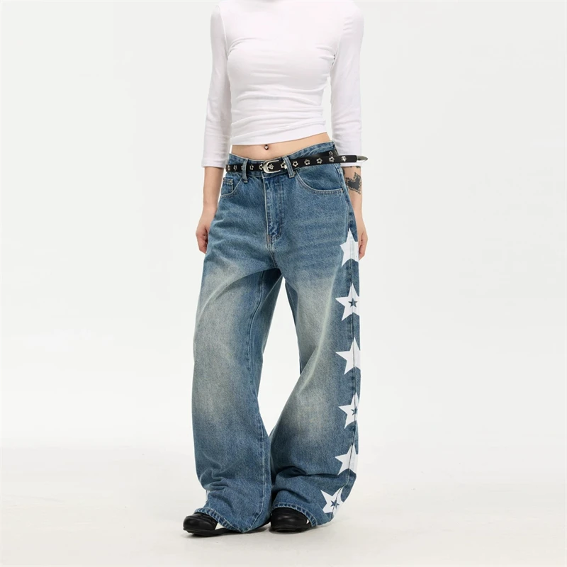 Women's Single Row Star Printed Jeans Retro Wide Leg Pant High Waist Casual Trousers Street Bottoms Sweatpants Female Streetwear
