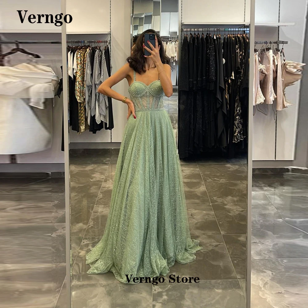 

Verngo Sage Green Sparkly Lace Long Evening Dresses Spaghetti Straps Sweetheat Formal Prom Dress Robe de soiree 2023 Vestidos