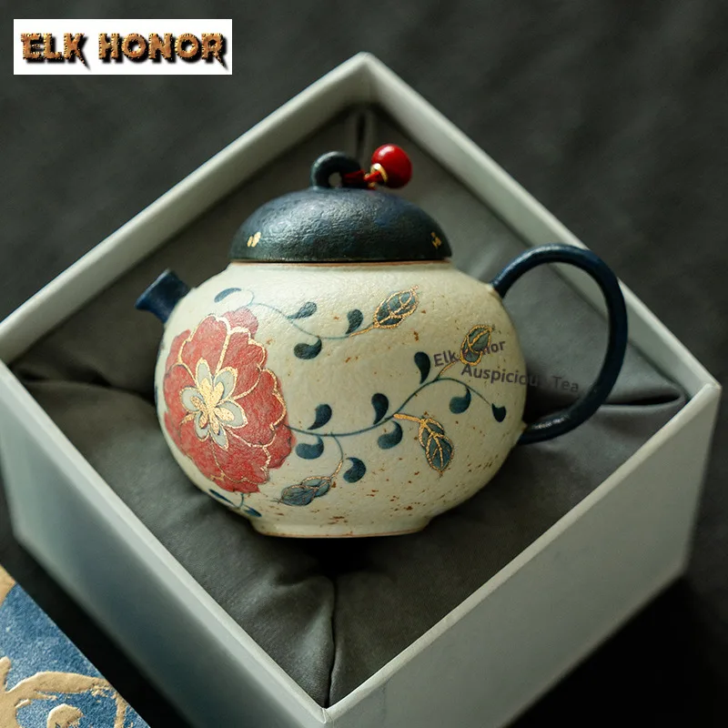 

145ml Hand-painted Entwined Peonies Teapot Retro Tea Infuser Pot Tea Soaking Kettle With Ball Hole For Tea Supplies Ornaments