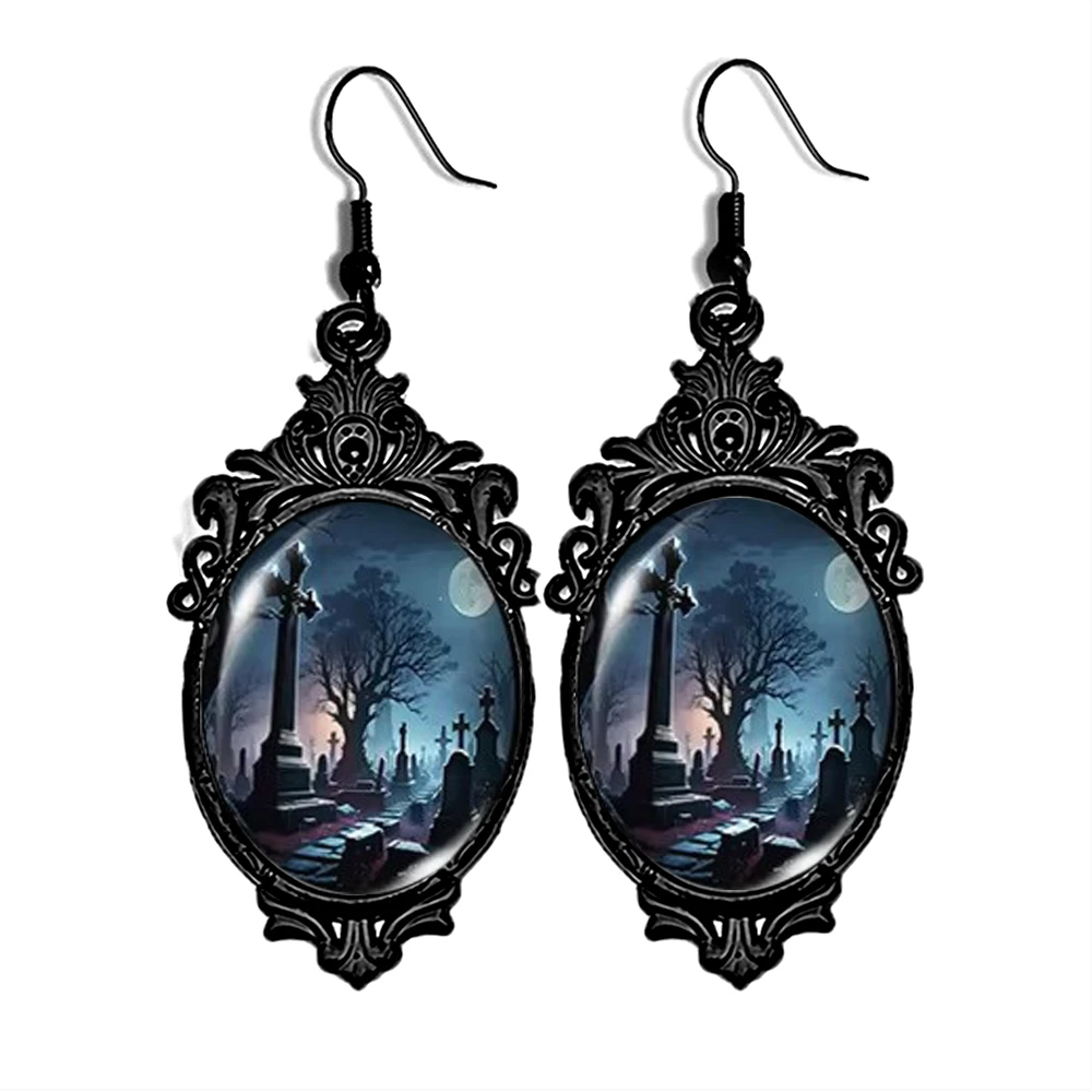 New Halloween Grave Yard Drop Earring for Women Punk Black Color Earrings Oval Glass Jewelry Gifts for Party