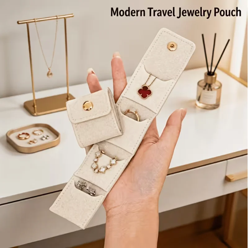 Four-pocket foldable jewelry storage bag, with snap fastening for multi-layer storage, suitable for storing necklaces, earrings