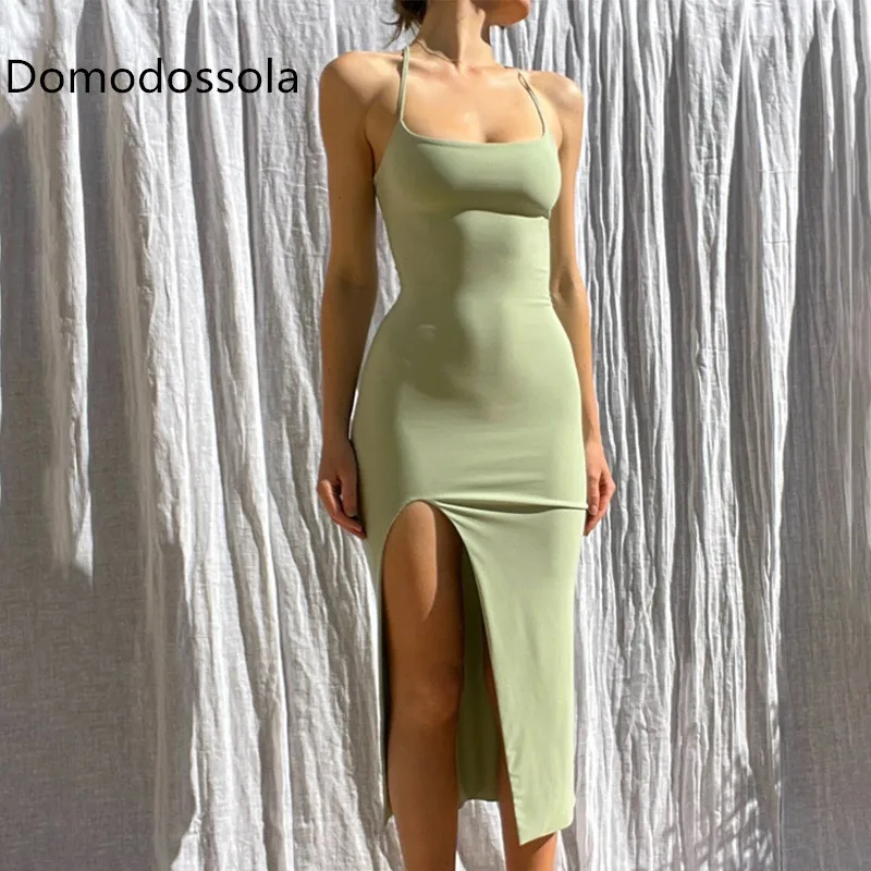 

2023 Summer Women's Sexy Spaghetti Strap Green Slit Long Skirt Y2K Dress Sleeveless Solid Color Peach Hip Slim Streetwear Robe