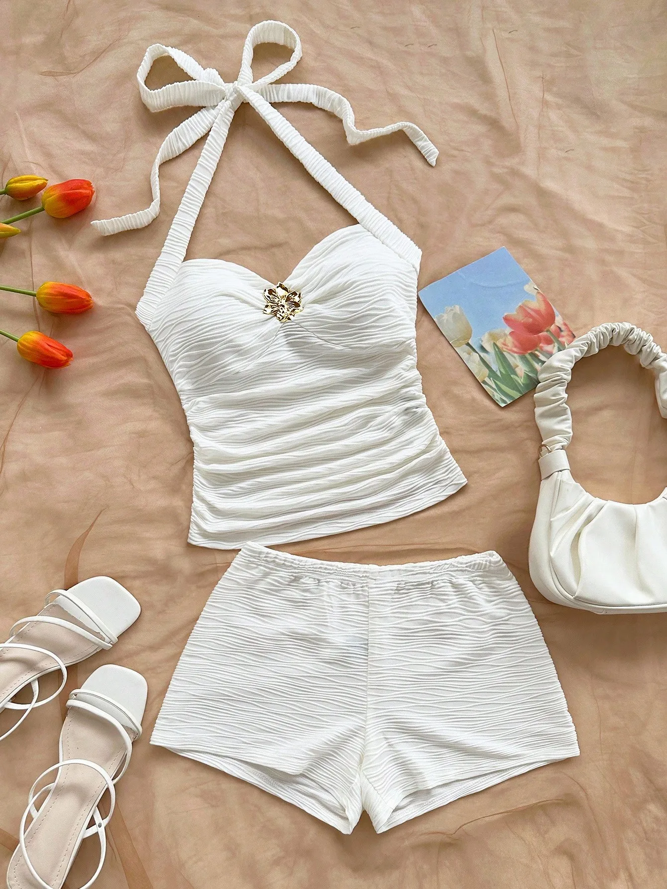 

White Ruched Halter Crop Top & Shorts Set with Floral Metal Accent