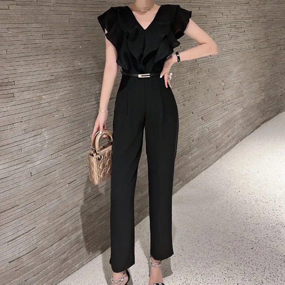 2024New Temperament Jumpsuit Ladies Elegant Loose Pants Fashion Ruffle Long Sleeve Rompers For Women Temperament Office Overalls