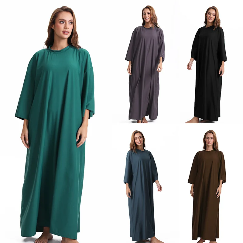 Women's 4-Piece Islamic Modest Swimwear Set - Loose Robe + Separate Lingerie + Slim-Fit Pants Solid Color Style, Full Coverage
