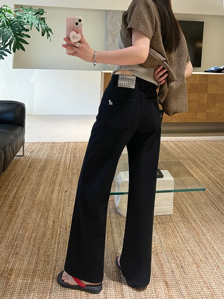 

High Waist Straight Leg Jeans Women's Embroidered Slim Fit Black Wide Leg Pants Comfortable Cotton Stretch Denim