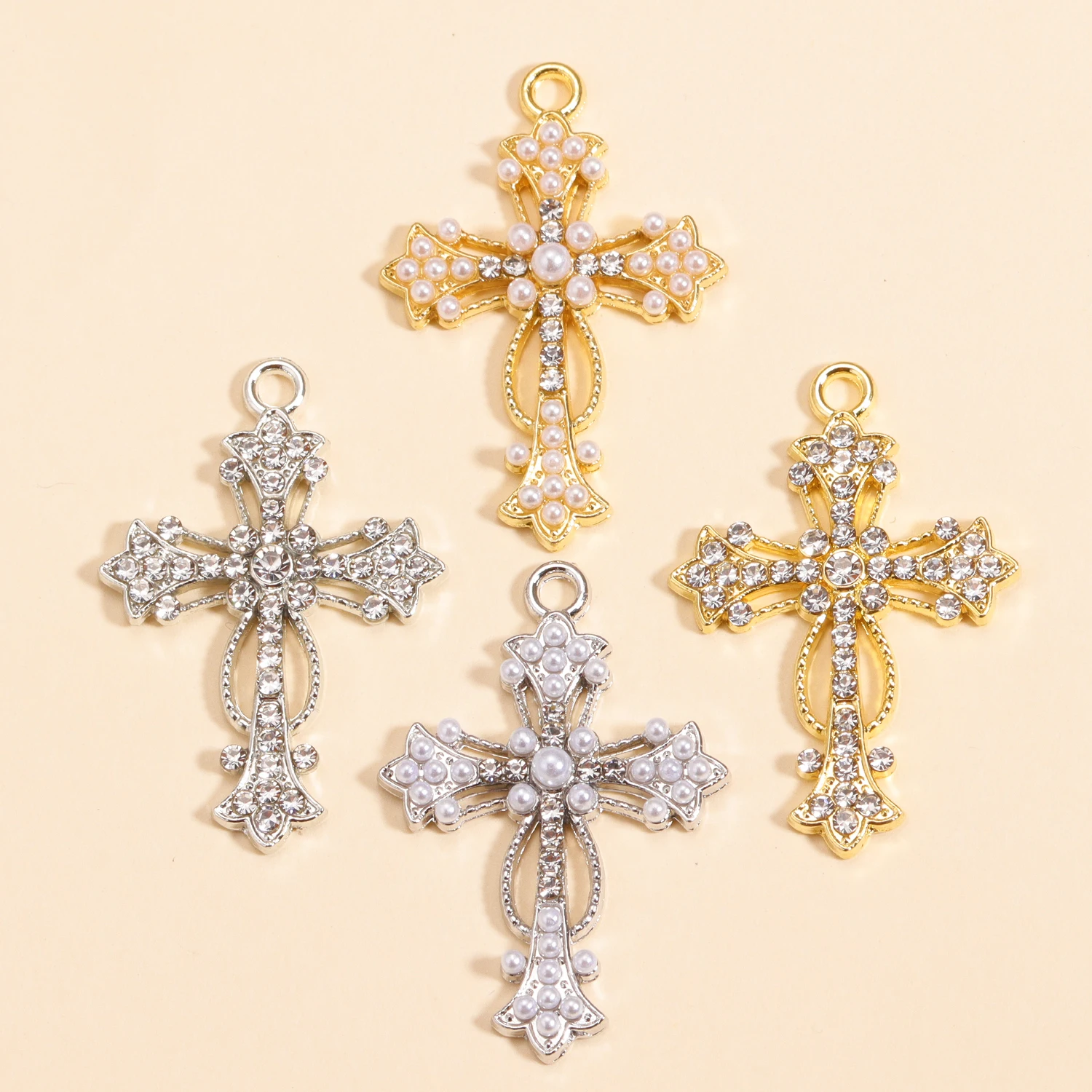 10 Stück exquisite eingelegte Perlen-Kreuz-Anhänger, Zirkon-Legierung, Charms für Schmuckherstellung, DIY-Kreuz-Halsketten-Zubehör, Bastelbedarf