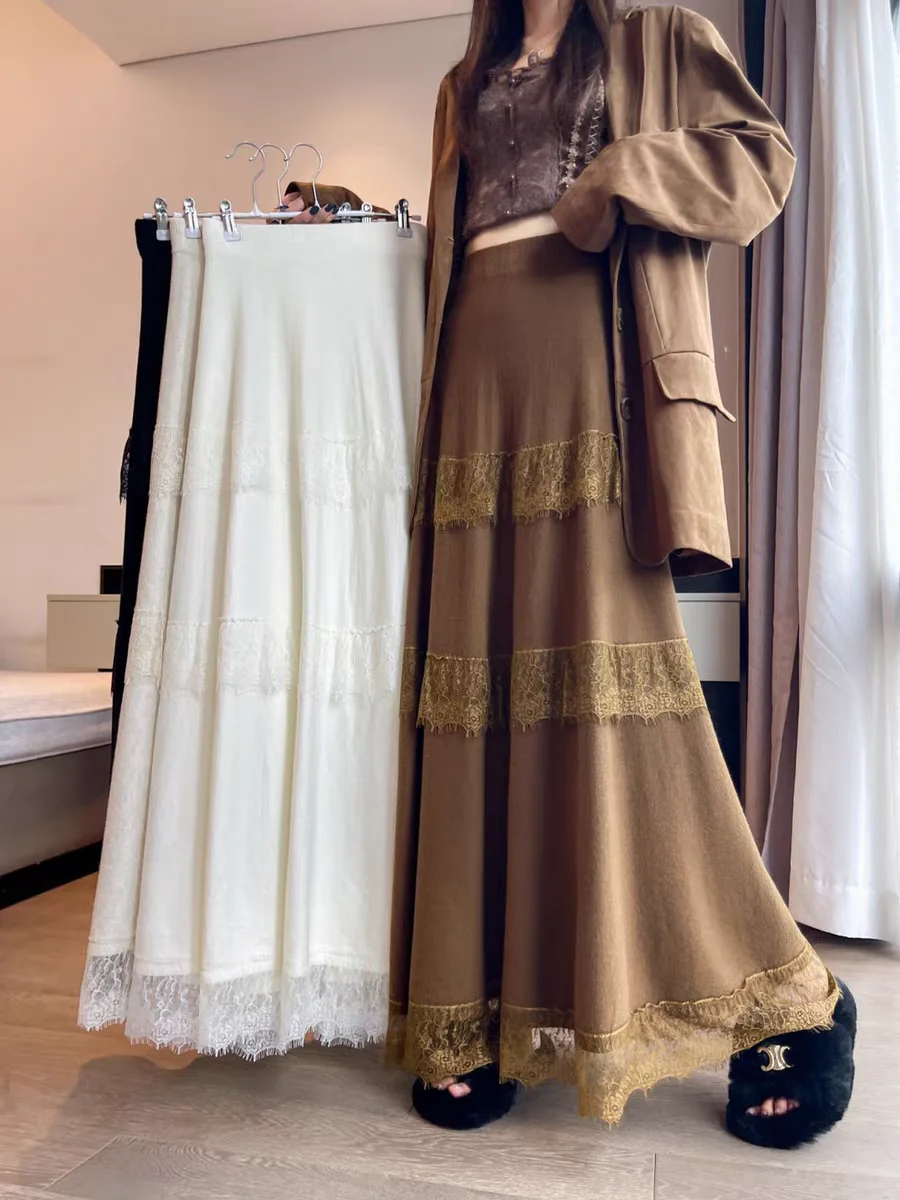 

Женские элегантные вязаные макси-юбки с кружевной отделкой, осень-зима 2025: расклешенная юбка трапециевидной формы с высокой талией для женщин и шикарного образа в стиле бохо