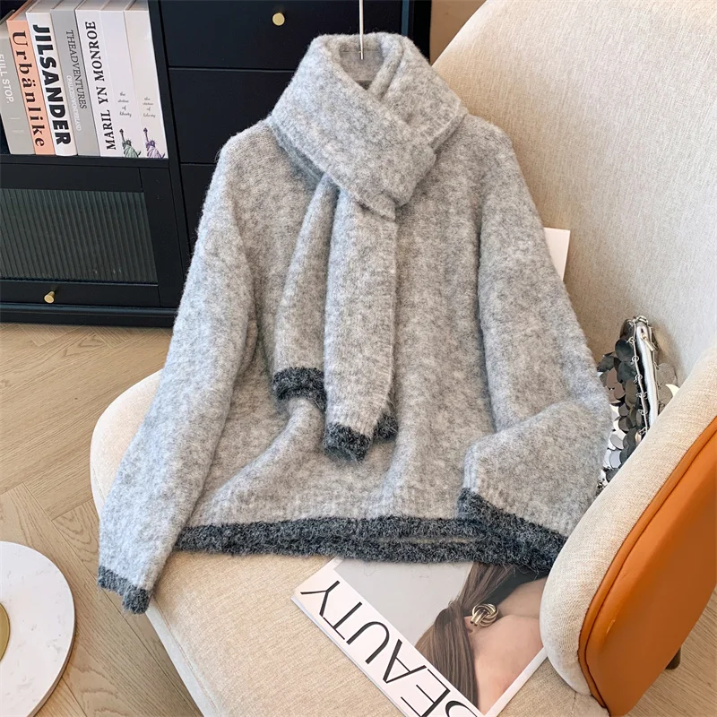 

Women Light Grey Knit Pullover Long Sleeve Mohair Sweater With Scarf Harajuku Vintage Y2k Cashmere Sweater 2000s Clothes Autumn